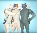  3d_(artwork) anthro arm_tattoo balls calico_cat digital_media_(artwork) domestic_cat epic_games erection eye_scar facial_scar felid feline felis flexing fortnite genitals group hand_on_chest hand_on_shoulder male male/male mammal meowscles meowscles_(ghost) meowscles_(shadow) mottled muscular muscular_anthro muscular_male nude penis piebald scar sky_chaser source_filmmaker tattoo trio video_games 