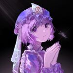  1girl black_background closed_mouth diffraction_spikes eyebrows_behind_hair face frills glint hat highres long_sleeves looking_at_viewer mob_cap nail_polish own_hands_together purple_eyes purple_hair saigyouji_yuyuko short_hair sly930105 smile solo touhou triangular_headpiece upper_body 