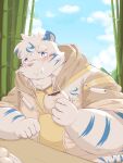  2022 anthro bamboo belly blue_body blue_eyes blush clothing eating felid food hi_res hoodie humanoid_hands kemono male mammal noichi_53 overweight overweight_male pantherine pink_nose sitting solo tiger topwear white_body 