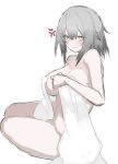  1girl absurdres bangs bare_shoulders blush breasts cleavage closed_mouth collarbone eyebrows_visible_through_hair ff_frbb122 girls&#039;_frontline green_eyes grey_hair greyscale highres large_breasts looking_at_viewer medium_hair monochrome naked_towel sideboob sitting solo sweat towel ump40_(girls&#039;_frontline) white_background white_towel 