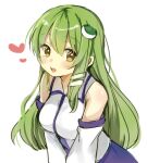  1girl bangs bare_shoulders blue_skirt blush breasts collared_shirt detached_sleeves eyebrows_visible_through_hair frog_hair_ornament green_hair hair_between_eyes hair_ornament japanese_clothes kochiya_sanae leaning_forward long_hair long_sleeves looking_at_viewer medium_breasts miko nontraditional_miko open_mouth paragasu_(parags112) shirt simple_background single_sidelock skirt sleeveless sleeveless_shirt snake_hair_ornament solo teeth touhou upper_body upper_teeth v_arms white_background white_shirt wide_sleeves yellow_eyes 