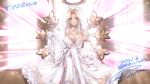  1girl blonde_hair breasts closed_mouth commission crossed_legs dated dress elbow_gloves gloves halo iseria_queen kuroi_mimei long_hair looking_at_viewer signature skeb_commission sleeveless smile solo star_ocean star_ocean_the_second_story thighhighs wedding_dress window wings 