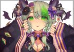  1girl :p alternate_costume alternate_hairstyle blush bow braid breasts bsapricot bsapricot_(vtuber) chinese_clothes cleavage demon_girl demon_horns flower frilled_sleeves frills green_eyes hair_bow hair_flower hair_ornament hairclip highres horns lich long_hair long_sleeves looking_at_viewer medium_breasts multiple_horns nail_polish pointy_ears purple_bow purple_flower tongue tongue_out twin_braids virtual_youtuber vshojo wide_sleeves x_hair_ornament 