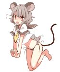  1girl animal_ears ascot bangs bare_legs black_panties blush eyebrows_visible_through_hair flying_sweatdrops full_body grey_hair hair_between_eyes looking_at_viewer mouse mouse_ears mouse_girl mouse_tail nazrin no_pants open_mouth panties paragasu_(parags112) red_eyes sailor_collar shirt short_hair side-tie_panties simple_background solo tail teeth touhou underwear untied untied_panties upper_teeth v-shaped_eyebrows white_background white_shirt yellow_ascot 