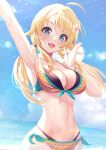  1girl :d ahoge arm_up armpits bangs bikini blonde_hair blue_eyes blue_sky blush breasts cleavage cloud collarbone commentary_request day eyebrows_visible_through_hair flower hachimiya_meguru hair_flower hair_ornament hand_up highres horizon idolmaster idolmaster_shiny_colors long_hair looking_at_viewer low_twintails medium_breasts navel ocean outdoors revision sky smile solo striped striped_bikini sutoroa sweat swimsuit twintails water white_flower 