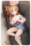  1girl absurdres blue_skirt box couch gift gift_box highres huira444 idolmaster idolmaster_million_live! long_hair long_sleeves looking_at_viewer lying ogami_tamaki on_couch orange_hair skirt socks solo sweater yellow_eyes 