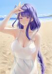  1girl absurdres arm_up bangs beach blue_sky blunt_bangs braid braided_ponytail breasts cleavage closed_mouth collarbone covered_nipples dress eyebrows_visible_through_hair fox_shadow_puppet genshin_impact hair_ornament highres large_breasts long_hair looking_at_viewer no_bra ocean purple_eyes purple_hair raiden_shogun rosumerii sky sleeveless sleeveless_dress smile solo sundress white_dress 