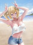 1girl absurdres armpits arms_up bangs barbara_(genshin_impact) beach blonde_hair blue_eyes blue_shorts blue_sky blush breasts camisole cleavage closed_mouth collarbone covered_nipples double_v drill_hair genshin_impact hair_ribbon highres large_breasts looking_at_viewer midriff navel no_bra ocean ribbon rosumerii short_shorts shorts sky smile twin_drills twintails twitter_username v white_ribbon 
