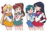  4girls bishoujo_senshi_sailor_moon blue_bow blue_eyes blue_skirt bow brown_hair green_eyes green_skirt magical_girl multiple_girls open_mouth orange_skirt pink_bow purple_bow purple_hair red_bow red_skirt sailor_jupiter sailor_mars sailor_mercury sailor_venus simple_background skirt tsubobot white_background 