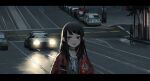  1girl bangs black_choker black_hair can car chinese_commentary choker collarbone commentary_request dahe_z earbuds earphones facial_mark fang ground_vehicle hand_up highres holding holding_can jacket letterboxed long_hair looking_at_viewer motor_vehicle necktie open_mouth original outdoors people pointy_ears red_eyes red_jacket road scenery smirk solo_focus street tree upper_body white_necktie 