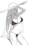  1girl absurdres arm_behind_head bangs bare_shoulders beak_(girls&#039;_frontline) bikini black_bikini black_swimsuit breasts cleavage closed_mouth collarbone eyebrows_visible_through_hair feet_out_of_frame ff_frbb122 from_side girls&#039;_frontline greyscale hat highres large_breasts long_hair looking_at_viewer monochrome navel pink_eyes sangvis_ferri solo standing sun_hat swimsuit tongue tongue_out white_headwear 
