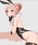  1girl animal_ears artist_name bangs bare_shoulders black_gloves black_legwear black_leotard blush closed_mouth commentary cowboy_shot dated_commentary fake_animal_ears fake_tail gloves grey_background hair_bun hair_ribbon leaning_forward leotard original pink_eyes pink_hair rabbit_ears rabbit_tail red_ribbon ribbon simple_background skeptycally solo strapless strapless_leotard tail thighhighs 