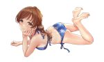  1girl ass barefoot bikini blue_bikini blush brown_hair butt_crack dorsiflexion feet feet_up floral_print hamedoragon hand_on_own_cheek hand_on_own_face head_rest idolmaster idolmaster_cinderella_girls looking_at_viewer lying nitta_minami on_stomach revision simple_background skindentation smile soles solo swimsuit toes white_background 