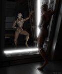  2_toes 3_fingers absurd_res alien butt facial_markings feet female fingers genitals head_markings hi_res humanoid leaning_on_wall light mandibles markings mass_effect metal_floor metal_wall mirror mirror_reflection muscle_tone pussy reflection scoota solo toes turian valenea_oroso video_games 