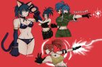  1girl alternate_costume ammunition_belt animal_costume animal_ears bell belt bikini black_bikini blue_eyes blue_hair breasts cat_costume cat_ears cat_tail dog_tags earrings gloves green_jacket jacket jewelry jingle_bell leona_heidern military military_uniform multiple_views navel orochi_leona ponytail red_hair salute shocker skinipik snk_heroines:_tag_team_frenzy solo swimsuit tail tank_top the_king_of_fighters the_king_of_fighters_xiv the_king_of_fighters_xv throwing twitter_username uniform 