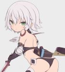  1girl arm_belt ass back bandaged_arm bandages bare_shoulders black_panties dagger dual_wielding fate/apocrypha fate/grand_order fate_(series) gamuo green_eyes holding holding_dagger holding_weapon jack_the_ripper_(fate/apocrypha) knife looking_at_viewer looking_back panties parted_lips pouch scar scar_across_eye scar_on_cheek scar_on_face short_hair shoulder_tattoo simple_background solo tattoo underwear weapon white_hair 