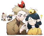  ... 1boy 1girl ? absurdres ahoge animal_on_head bee bird blonde_hair bug closed_eyes clover_(the_owl_house) flapjack_(the_owl_house) glasses highres hunter_(the_owl_house) insect_wings kradebii multicolored_hair on_head pointy_ears round_eyewear scar scar_on_face simple_background smile stinger streaked_hair the_owl_house twintails willow_park wings 