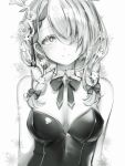  1girl bangs bare_arms bare_shoulders bow braid branch breasts ceres_fauna cleavage flower greyscale hair_flower hair_ornament head_tilt highres hololive hololive_english horns leaf looking_at_viewer medium_breasts medium_hair monochrome nanashi_(nlo) smile twin_braids virtual_youtuber white_background 