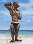  3:4 5_fingers abs anthro beach biceps black_nose brown_body brown_fur brown_hair bulge claws clothed clothing cloud dark_body dark_fur dessert digital_media_(artwork) ear_piercing epic_soul eyes_closed fingers food fur hair hi_res hyaenid ice_cream ice_cream_cone kaiden_(epic_soul) male mammal muscular muscular_anthro muscular_legs muscular_male navel nipple_piercing nipples orange_hair pawpads paws pecs piercing plantigrade raised_arm red_clothing red_underwear sand sea seaside serratus shirt sky solo spots spotted_body spotted_hyena standing t-shirt toe_claws topwear triceps underwear waffle_cone water whiskers white_clothing white_shirt white_t-shirt white_topwear white_underwear 