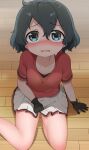  1girl @_@ absurdres alternate_bottom_wear bangs bare_legs black_gloves black_hair blue_eyes blush chis_(js60216) commentary from_above frown gloves grey_skirt highres kaban_(kemono_friends) kemono_friends looking_at_viewer miniskirt open_mouth pleated_skirt red_shirt shadow shirt short_hair sitting skirt skirt_hold solo sweatdrop t-shirt texture wavy_hair wooden_floor yokozuwari 