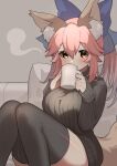  1girl animal_ear_fluff animal_ears bangs black_legwear black_sweater blue_bow blush bow breasts commentary_request cup drinking eyebrows_visible_through_hair fate/extra fate_(series) feet_out_of_frame fox_ears fox_girl fox_tail grey_background hair_between_eyes hair_bow holding holding_cup large_breasts long_hair long_sleeves looking_at_viewer mug pillow pink_hair sidelocks sitting sleeves_past_wrists smile solo split_ponytail stream sweater tail tamamo_(fate) tamamo_no_mae_(fate/extra) thighhighs tsukimi_okayu yellow_eyes 