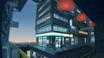  1boy air_conditioner building commentary_request convenience_store evening highres holding holding_phone lantern okayuu original outdoors phone postbox_(outgoing_mail) scenery shop solo trash_can vending_machine window 
