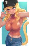  1girl arm_up baseball_cap blonde_hair blue_eyes border bracelet breasts closed_mouth commission crop_top dark-skinned_female dark_skin denim eyebrows_visible_through_hair facial_mark final_fantasy final_fantasy_xiv hat highres impossible_clothes impossible_shirt jewelry large_breasts long_hair looking_at_viewer midriff miqo&#039;te navel selfie shirt sideboob sidelocks simple_background skeb_commission sleeveless sleeveless_shirt smile solo tail twitter_username w whisker_markings yano_takumi 