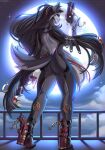  2022 anthro bayonetta black_hair breasts canid canine clothed clothing cosplay costume detailed_background digital_media_(artwork) female hair hi_res high_heels kuroame mammal moon night outside sky smile star starry_sky video_games 