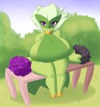  bench big_breasts breasts dexy_(jcdr) female flower_(anatomy) green_body hair hi_res huge_breasts humanoid jcdr nintendo not_furry pok&eacute;mon pok&eacute;mon_(species) pseudo_clothing purple_eyes roserade shiny_pok&eacute;mon sitting smile solo thick_thighs video_games white_hair 