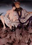  2boys animal_skull bangs barefoot black_hair black_scarf blue_eyes closed_mouth clothes_down commentary_request extra_eyes facial_tattoo fingernails full_body fushiguro_megumi hair_between_eyes hand_on_another&#039;s_hip japanese_clothes jujutsu_kaisen kimono looking_at_viewer male_focus multiple_boys nori20170709 off_shoulder pile_of_skulls pink_hair red_eyes ryoumen_sukuna_(jujutsu_kaisen) sandals scarf sharp_fingernails short_hair sitting skull spiked_hair tabi tattoo white_kimono yaoi 