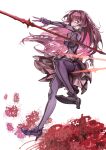  absurdres armor bodysuit breasts covered_navel fate/grand_order fate_(series) flower gae_bolg_(fate) hair_intakes hibiscus highres leotard long_hair pauldrons polearm purple_bodysuit purple_hair purple_leotard red_eyes scathach_(fate) shoulder_armor spear very_long_hair weapon zuihou_de_miao_pa_si 