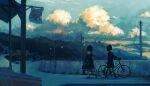  2girls absurdres arms_behind_back bag bicycle_basket black_hair black_legwear black_serafuku black_shirt black_skirt blurry blurry_foreground bob_cut building cloud commentary_request cumulonimbus_cloud facing_away glasses highres hill inami_hatoko kooribata lamppost loafers long_sleeves multiple_girls multiple_sources new_balance original outdoors pleated_skirt rectangular_eyewear ribbed_legwear road sailor_collar scenery school_bag school_briefcase school_uniform serafuku shirt shoes short_hair skirt sky sneakers socks town walking walking_bike white_legwear white_sailor_collar wide_shot 