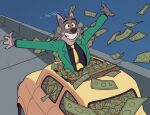  anthro canid canine canis car clothing crossover dreamworks lupin_iii male mammal money mr._wolf_(the_bad_guys) necktie smile solo spread_arms suit the_bad_guys topwear unseriousguy vehicle wolf 