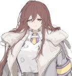  1girl armband bangs breasts brown_hair coat dress eyebrows_visible_through_hair fuyono_neru grey_coat hair_between_eyes heterochromia highres large_breasts last_origin long_hair looking_at_viewer open_clothes open_coat parted_lips simple_background solo upper_body valkyrie_(last_origin) white_background white_dress 