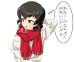  1girl arm_behind_head arm_up bangs breath brown_eyes brown_hair caesar_(girls_und_panzer) commentary fringe_trim girls_und_panzer long_sleeves looking_to_the_side mal_(malmlamal) red_scarf scarf shirt short_hair simple_background solo translated upper_body white_background white_shirt 
