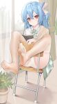  1girl absurdres ass blue_background blue_hair blush chair curtains feet glaring highres hyouuma long_hair looking_at_viewer nail_polish off_shoulder original panties plant potted_plant red_eyes school_uniform sitting soles spread_legs spread_toes thighhighs toenail_polish toenails toes underwear white_panties 