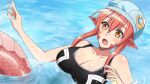 1girl artist_request bare_shoulders blush breasts cleavage game_cg hat_ornament lamia large_breasts long_hair miia_(monster_musume) monster_girl monster_musume_no_iru_nichijou monster_musume_no_iru_nichijou_online official_alternate_costume official_art one-piece_swimsuit partially_submerged pointy_ears red_hair scales slit_pupils solo swim_cap swimsuit yellow_eyes 