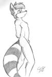  2002 anthro butt cirruskitfox eye_half_closed fluffy fluffy_tail hands_behind_back hi_res kendall_(sirkain) male mammal markings monochrome nude procyonid ring-tailed_cat ring_(marking) signature simple_background solo white_background 