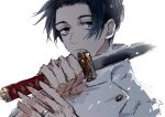  1boy bangs black_hair blue_eyes buttons closed_mouth commentary_request expressionless holding holding_weapon jacket jewelry jujutsu_kaisen katana looking_at_viewer male_focus nori20170709 okkotsu_yuuta ring short_hair simple_background solo sword weapon white_background white_jacket 