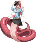  1girl artist_request belt black_headwear black_skirt blue_shirt breasts fedora full_body hat lamia large_breasts long_hair miia_(monster_musume) monster_girl monster_musume_no_iru_nichijou monster_musume_no_iru_nichijou_online official_alternate_costume official_art pointy_ears red_hair scales shirt skirt slit_pupils solo transparent_background yellow_eyes 
