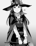  1girl animal_ears asashio_(kancolle) asashio_kai_ni_(kancolle) bangs banned_artist blush bow cape dress fake_animal_ears greyscale halloween_costume hat holding kantai_collection long_hair long_sleeves looking_at_viewer makio_(makiomeigenbot) monochrome official_alternate_costume pinafore_dress shirt simple_background smile solo star_(symbol) witch_hat 