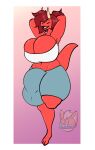  anthro big_breasts big_bulge breasts bulge clothing drago_(reddrago) dragon drakkmac gynomorph hi_res horn huge_bulge hyper hyper_bulge intersex open_mouth raised_leg red_body reptile scalie shirt solo topwear white_clothing white_shirt white_topwear 