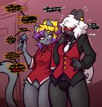  2022 anthro ashley_(mewgle) belle_(mewgle) black_clothing black_shirt black_topwear blonde_hair blush bottomless bovid button_(fastener) caprine clothed clothing dialogue digital_media_(artwork) domestic_cat dress_shirt duo ear_piercing english_text eyebrows felid feline felis female fur genitals grey_body grey_fur grin hair hair_over_eyes half-closed_eyes hi_res mammal mewgle narrowed_eyes necktie pantsless piercing pink_nose polo_shirt ponytail purple_hair pussy questioning red_clothing red_shirt red_topwear sheep shirt signature smile smug speech_bubble text thick_eyebrows topwear trans_(lore) trans_woman_(lore) underwear uniform vest white_hair white_necktie wool_(fur) yellow_eyes 