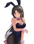  1girl alternate_costume animal_ears arm_under_breasts bangs black_hair black_legwear black_leotard blush bow bowtie breasts brown_eyes cleavage detached_collar eyebrows_visible_through_hair fake_animal_ears fake_tail highres kantai_collection leotard long_hair looking_at_viewer low-tied_long_hair medium_breasts pantyhose parted_lips playboy_bunny rabbit_ears rabbit_tail red_bow red_bowtie shouhou_(kancolle) solo tail takashi_(nougyou) upper_body white_background white_wrist_cuffs 