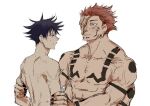  2boys abs arm_grab arm_tattoo back black_hair black_nails blue_eyes blush chest_tattoo closed_mouth commentary_request extra_arms extra_eyes facial_tattoo fushiguro_megumi hair_between_eyes height_difference jujutsu_kaisen looking_at_another male_focus multiple_boys muscular muscular_male nori20170709 nude pectorals pink_hair ryoumen_sukuna_(jujutsu_kaisen) short_hair shoulder_tattoo simple_background size_difference sketch spiked_hair sweatdrop tattoo white_background yaoi 