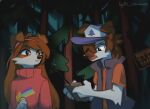  2022 anthro brown_hair brown_nose canid canine canis clothed clothing detailed_background digital_media_(artwork) domestic_dog duo female forest grass hair hi_res hyilpi male mammal night outside plant tree 