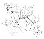  anthro avian beak bird butt claws feathers female guoh looking_at_viewer looking_back looking_back_at_viewer lying monochrome nude on_front rear_view sketch smile solo tail_feathers talons 