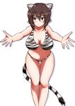  1girl animal_ears bangs bikini breasts brown_eyes brown_hair closed_mouth commentary eyebrows_visible_through_hair girls_und_panzer halterneck highres large_breasts looking_at_viewer meiya navel nishizumi_maho print_bikini reaching_out shadow short_hair simple_background smile solo standing striped_tail swimsuit tail thigh_gap tiger_ears tiger_stripes tiger_tail white_background white_bikini 