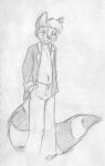  absurd_res anthro bottomwear cirruskitfox clothing half-closed_eyes hand_in_pocket hi_res kendall_(sirkain) male mammal monochrome narrowed_eyes pants pockets procyonid ring-tailed_cat simple_background smile solo white_background 