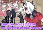  1boy 2girls anger_vein angry cross demon_girl demon_horns english_text fingerless_gloves gloves headphones helltaker helltaker_(character) horns kyo-hei_(kyouhei) malina_(helltaker) microphone multiple_girls studio studio_microphone sunglasses sweat white_hair zdrada_(helltaker) 